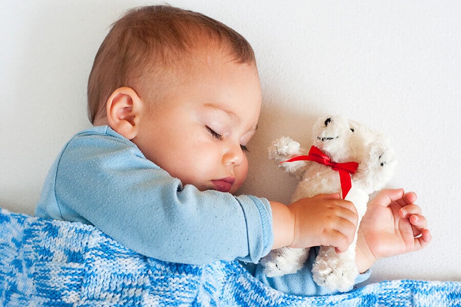 Sleeping baby boy with cuddly toy